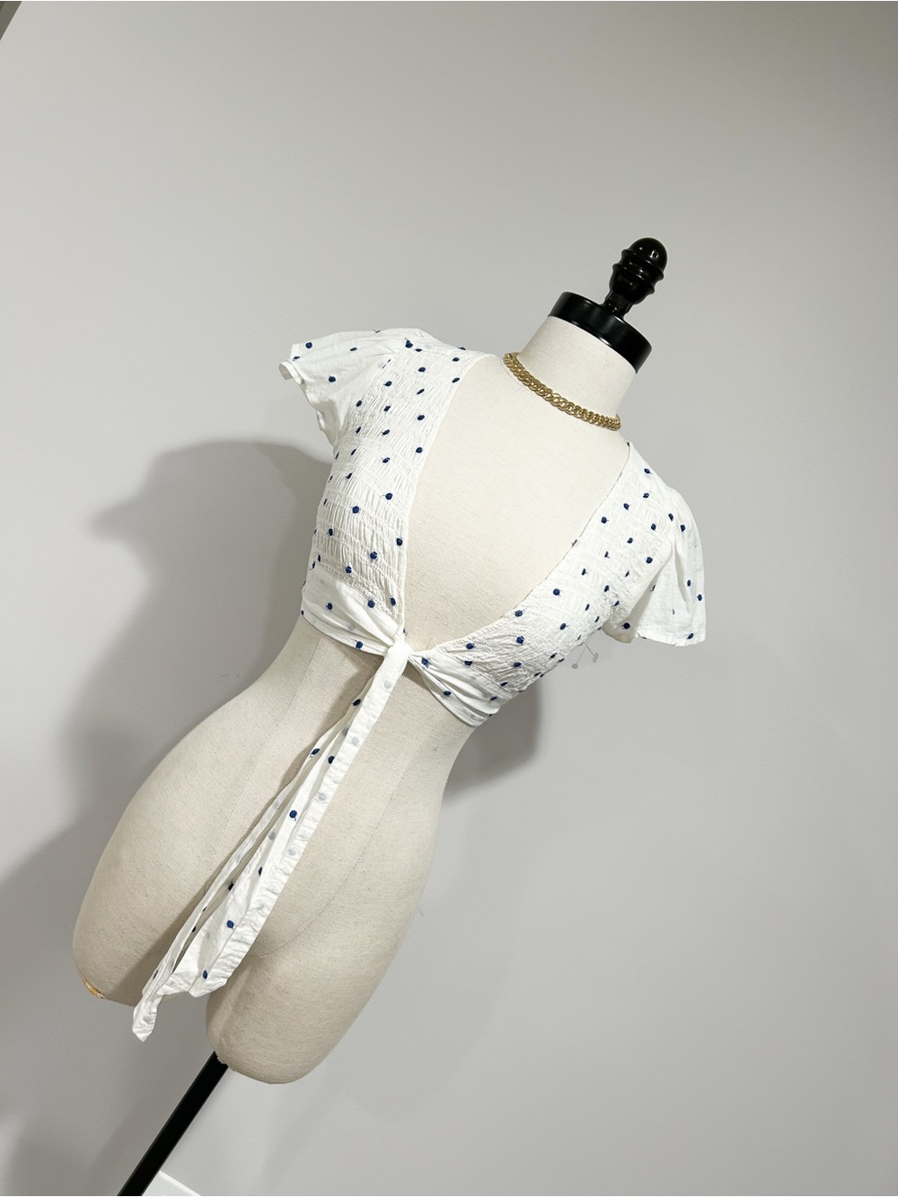 American Eagle White Crop Top with Navy Dot and Green Floral Accents